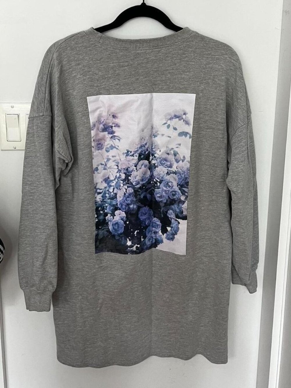 Grey sweater mini dress with vintage graphic print